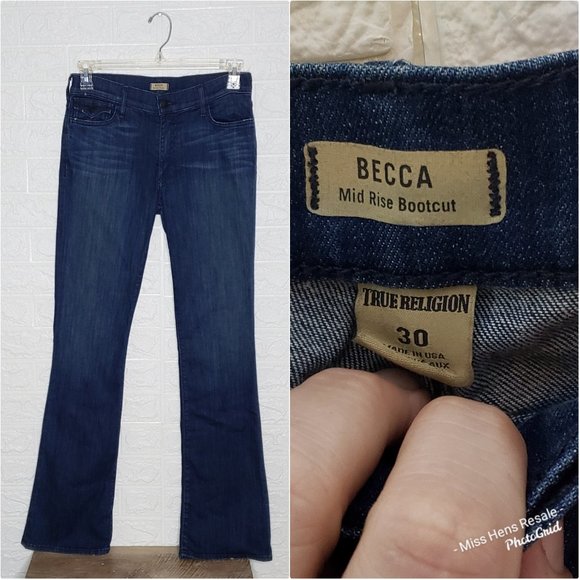 LIKE NEW TRUE RELIGION BECCA MID RISE BOOT CUT DARK BLUE WASH DENIM JEANS - Picture 2 of 7